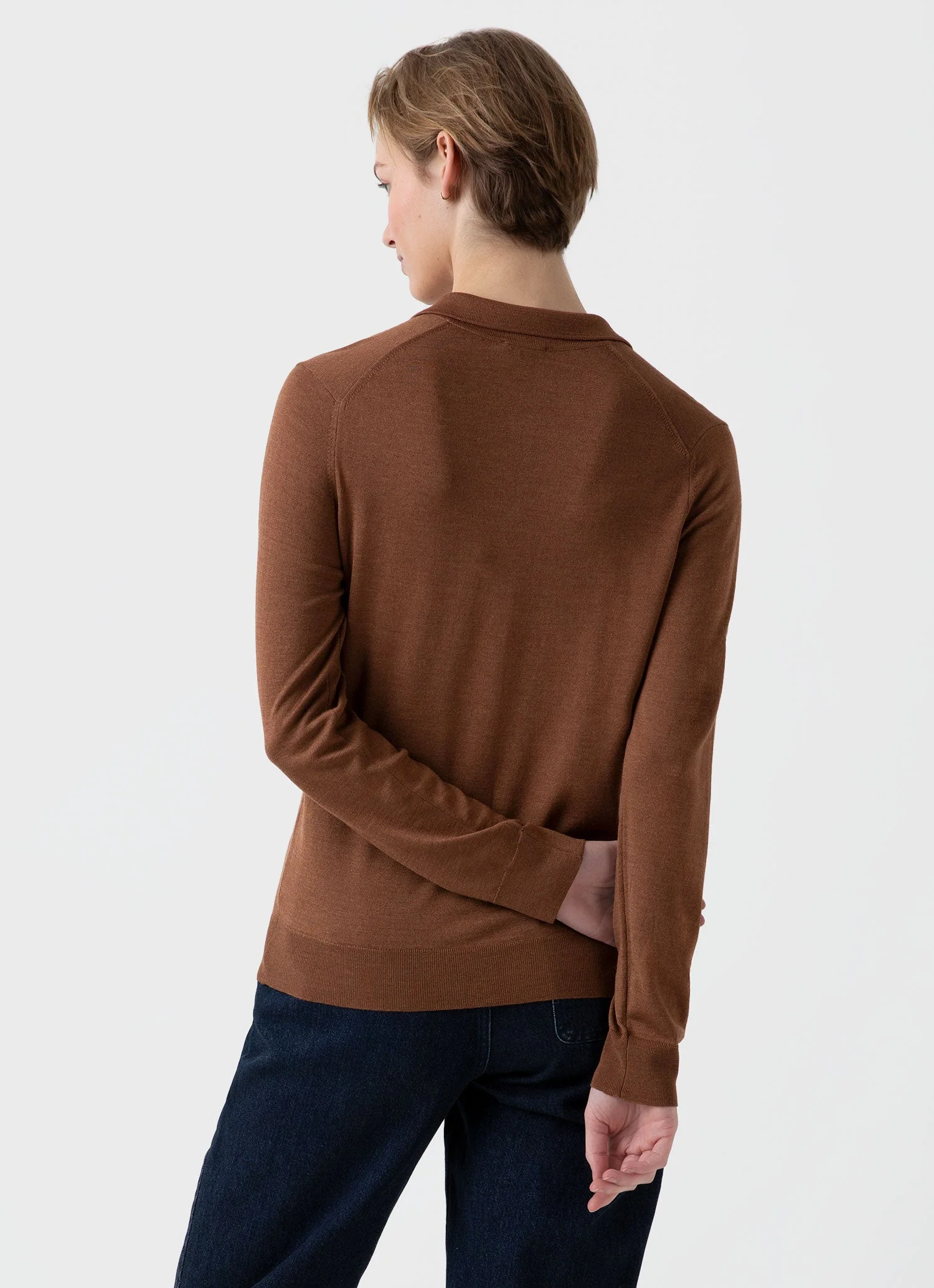Women's Merino Silk Collar Cardigan in Pecan - Image 4