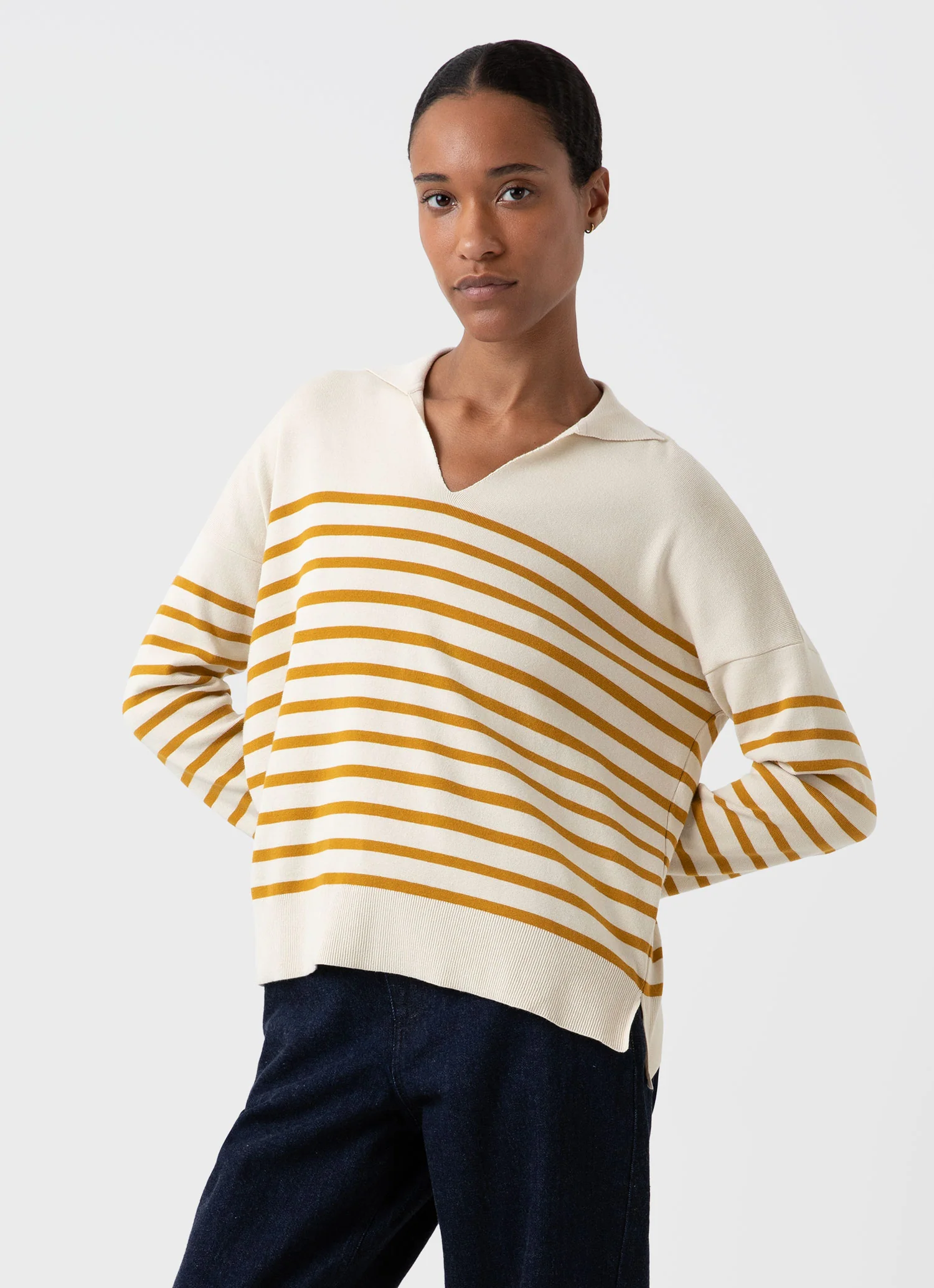 Women's Open Neck Jumper in Ecru/Cider Breton Stripe - Image 2