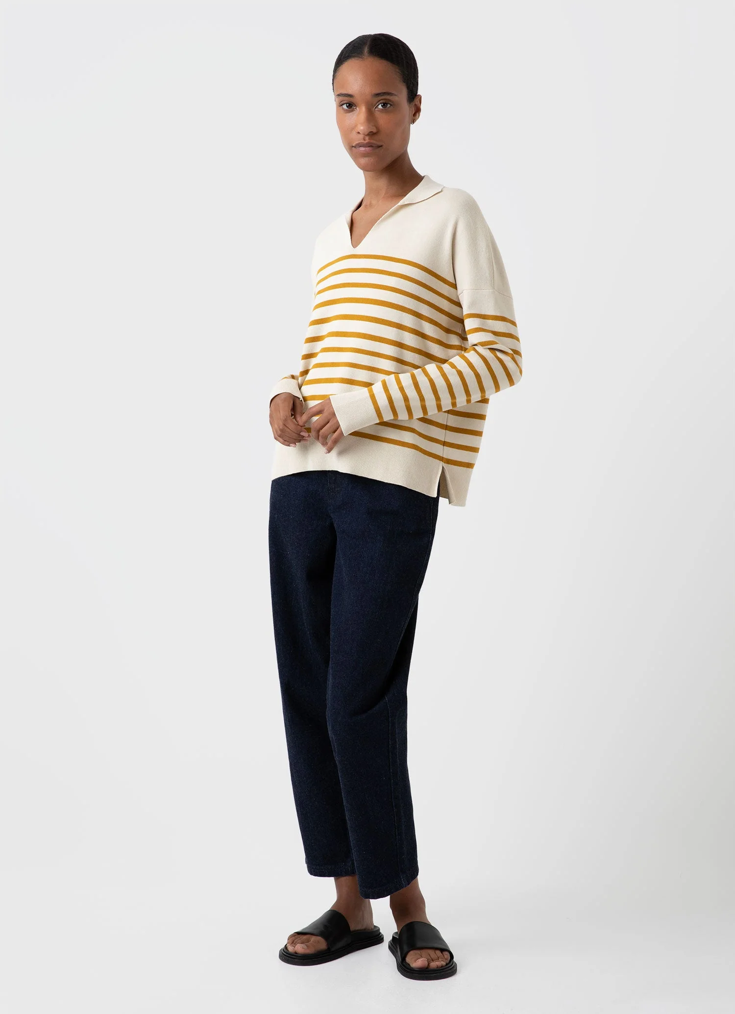 Women's Open Neck Jumper in Ecru/Cider Breton Stripe - Image 3