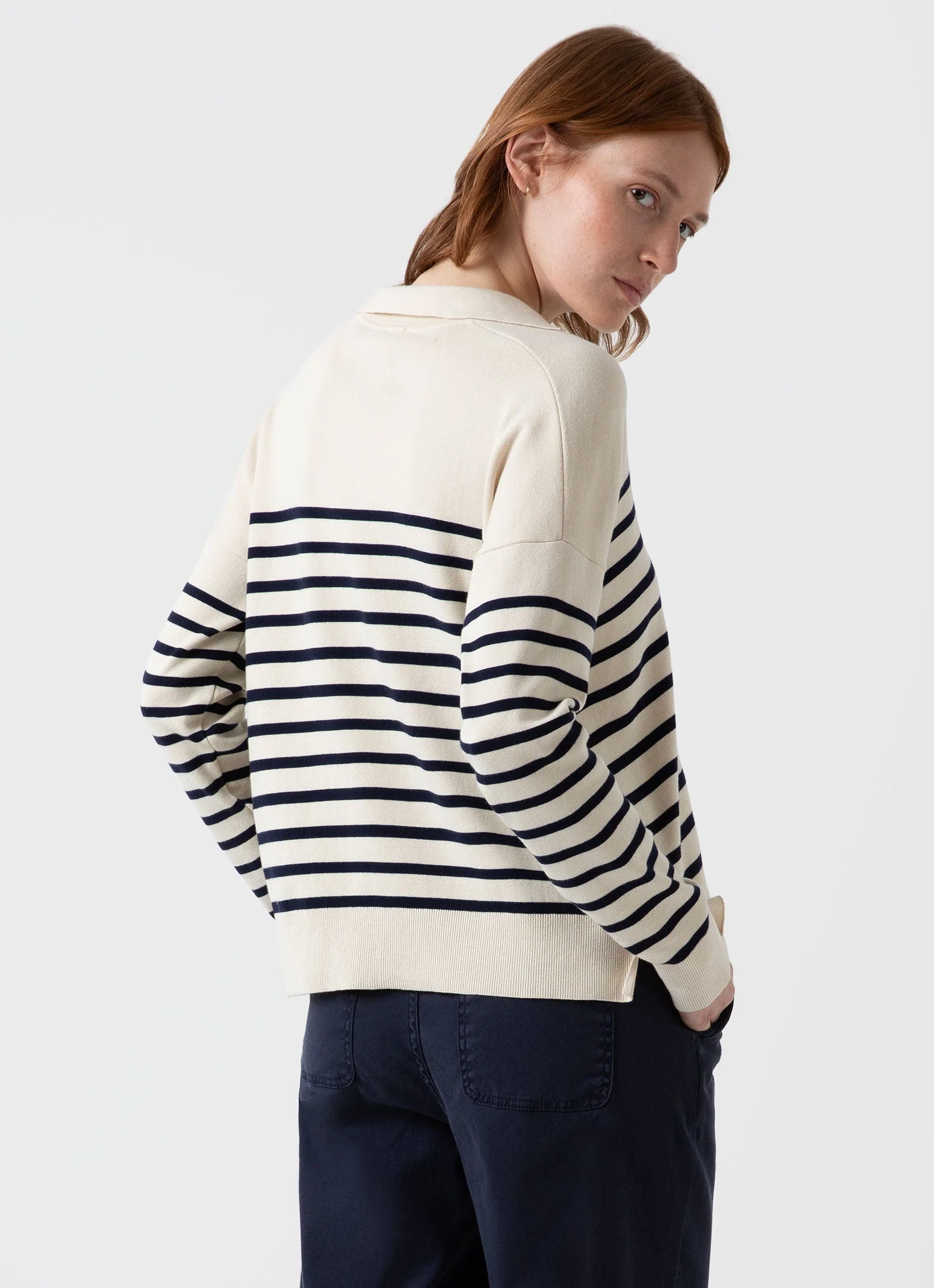 Women's Open Neck Jumper in Ecru/Navy Breton Stripe - Image 4