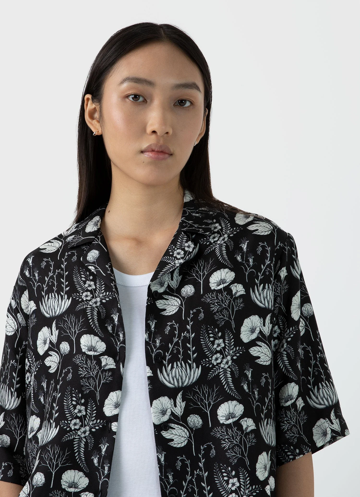 Women's Silk Leaf Print Camp Collar Shirt in Black - Image 3