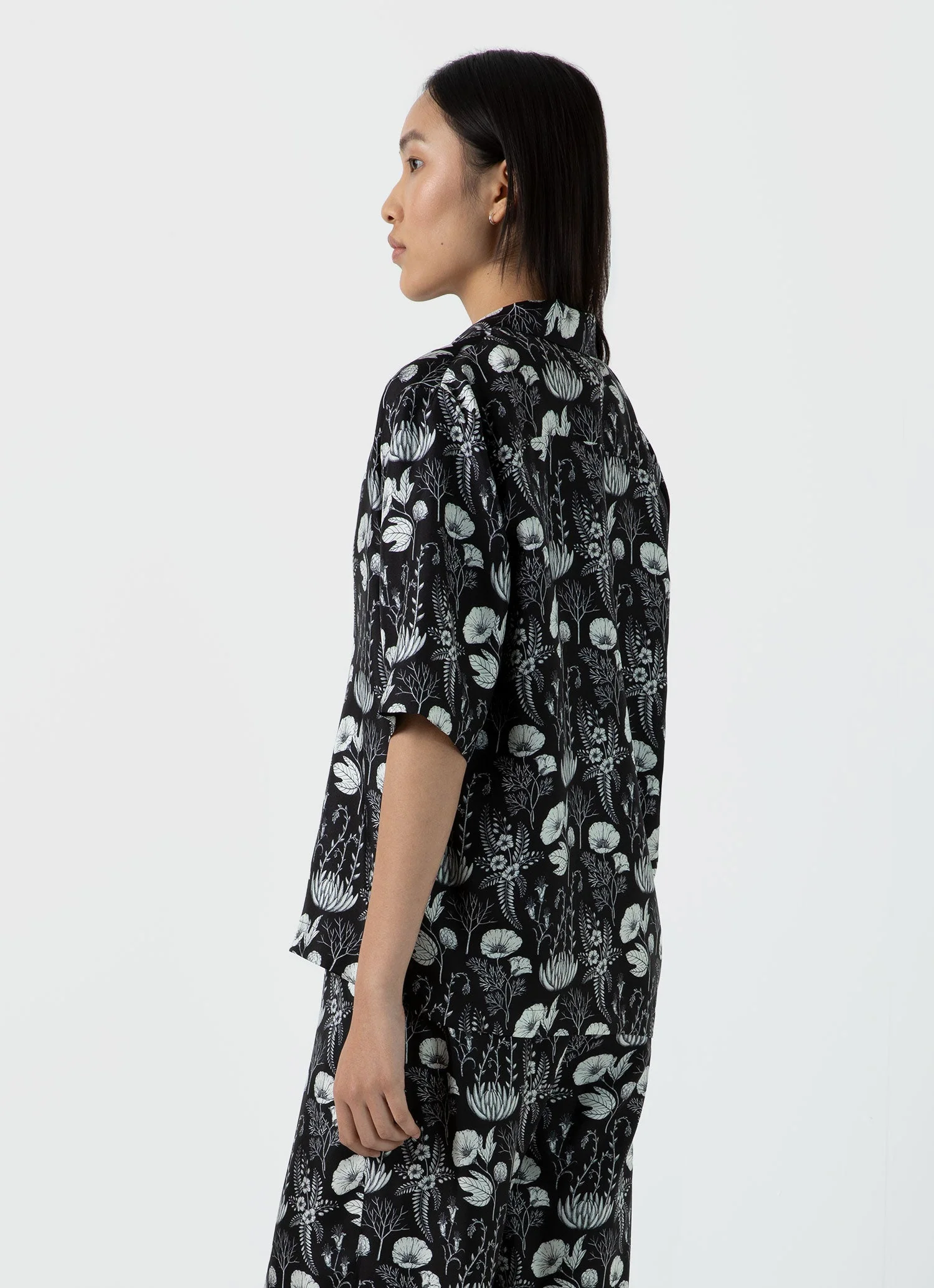 Women's Silk Leaf Print Camp Collar Shirt in Black - Image 4