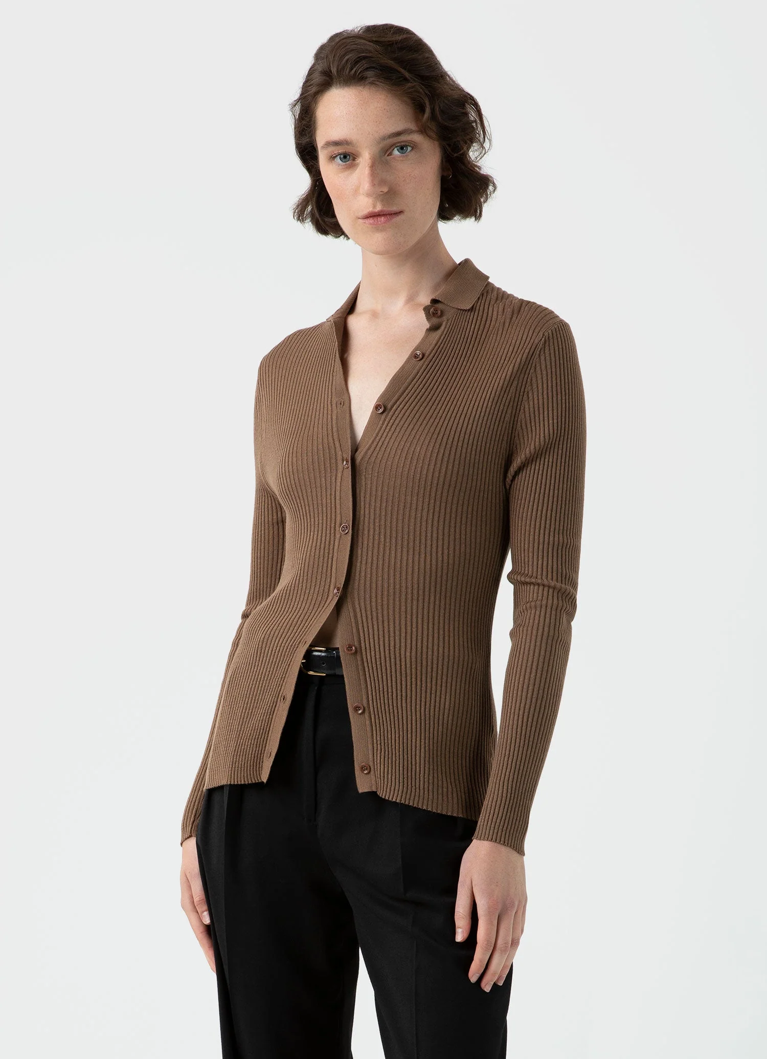Women's Mulberry Silk Rib Cardigan in Dark Sand - Image 3