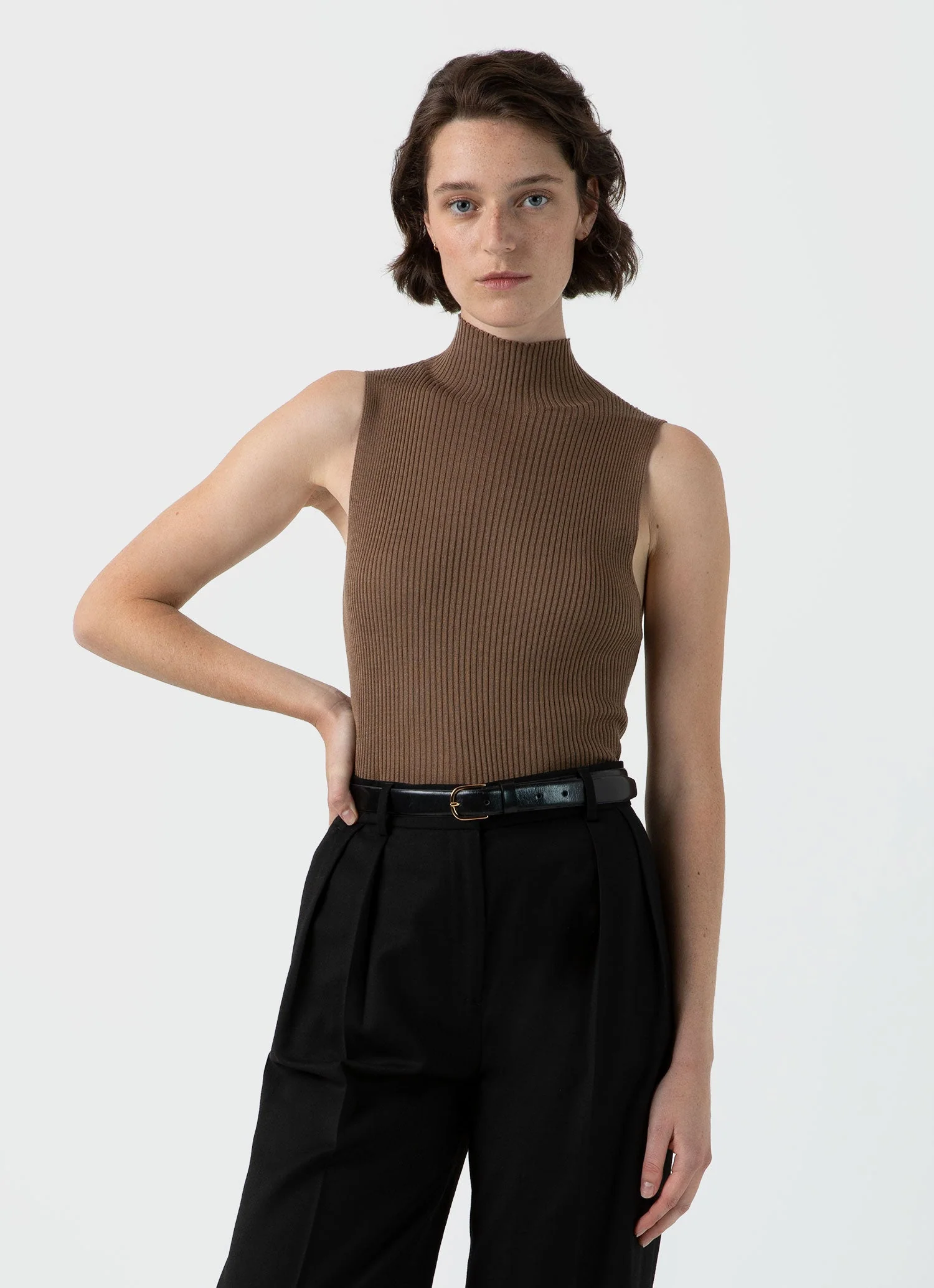 Women's Mulberry Silk Rib Vest Jumper in Dark Sand - Image 2