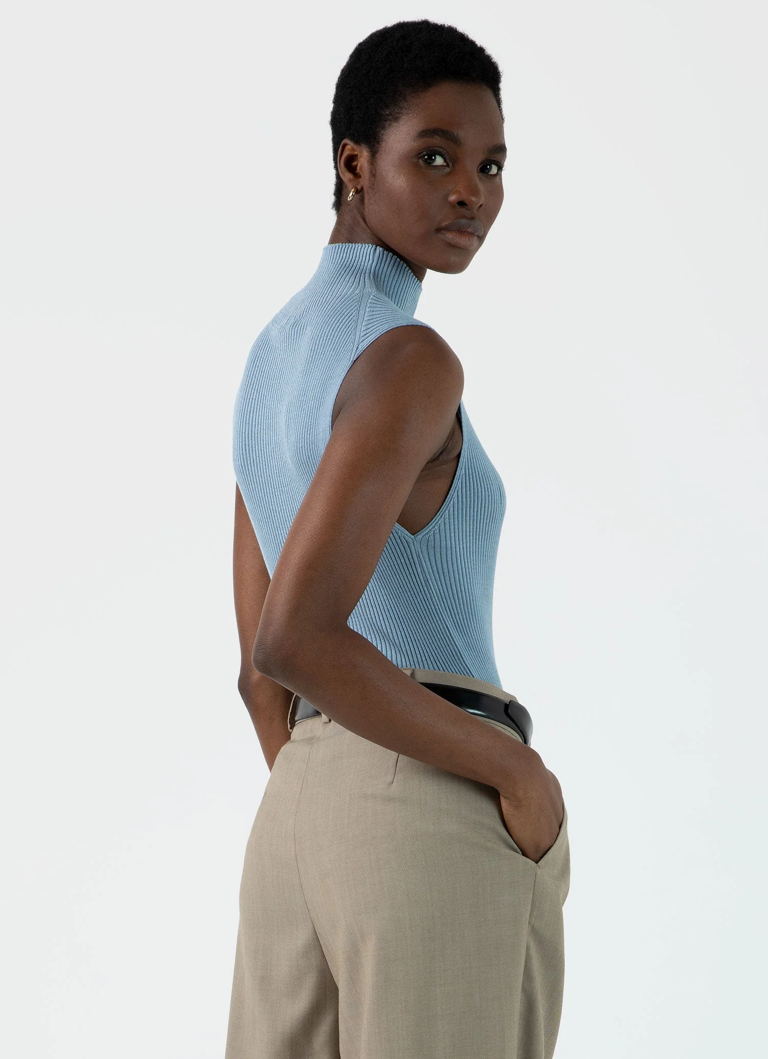 Women's Mulberry Silk Rib Vest Jumper in Light Blue - Image 4