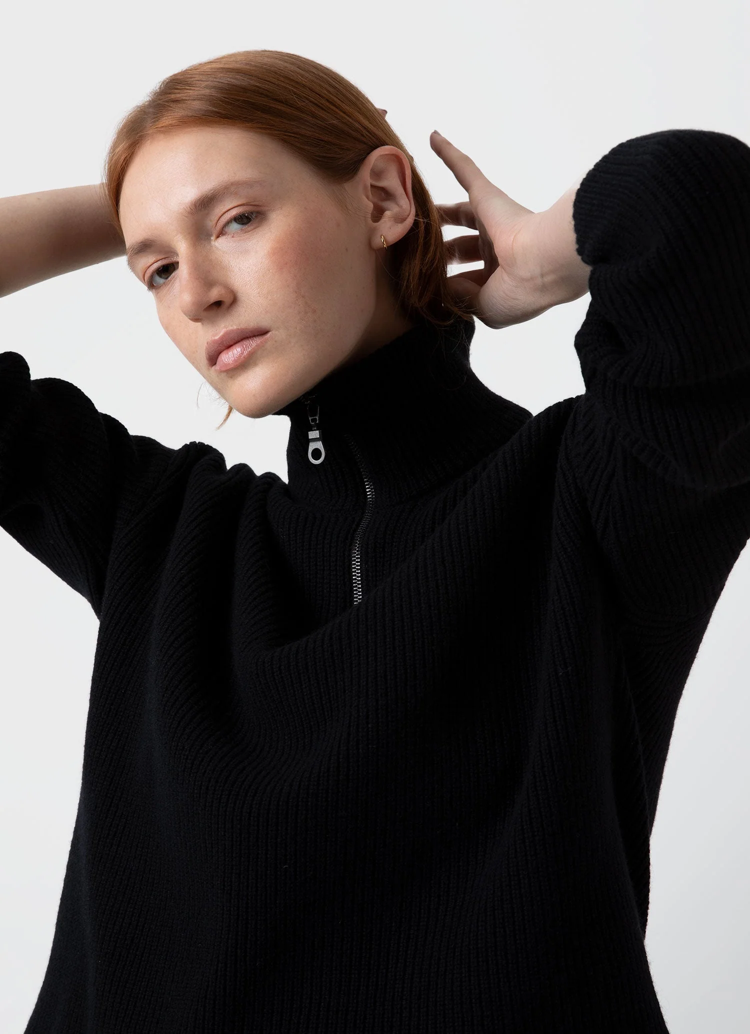 Women's Wool Cashmere Rib Zip Neck in Black - Image 2
