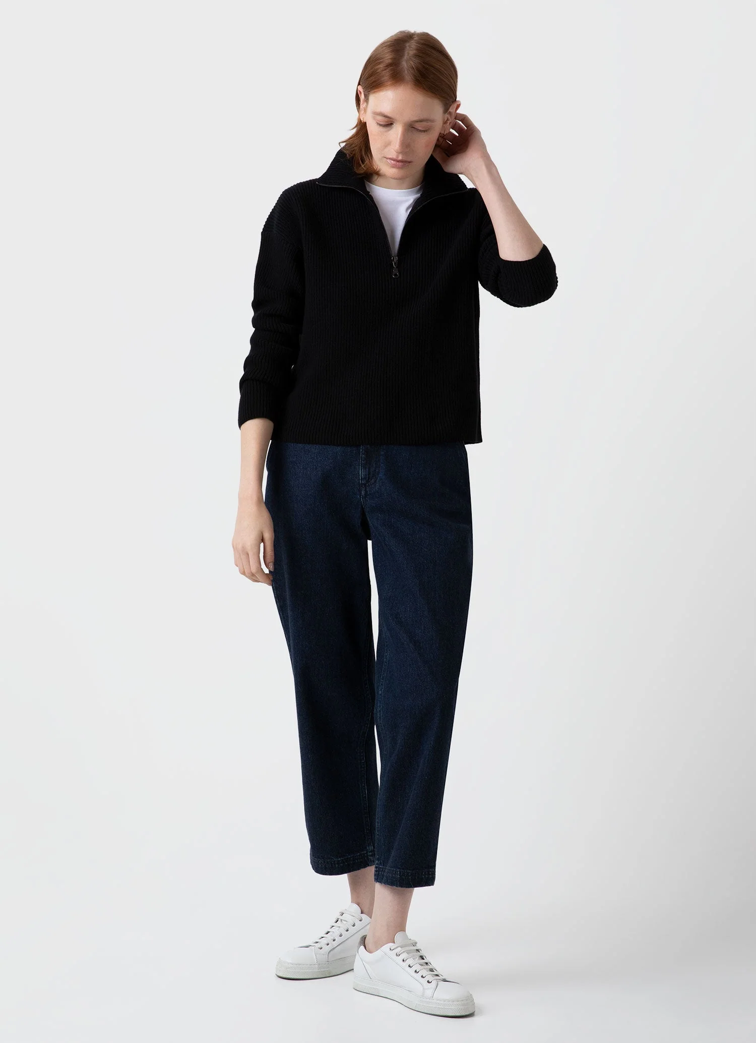Women's Wool Cashmere Rib Zip Neck in Black - Image 3