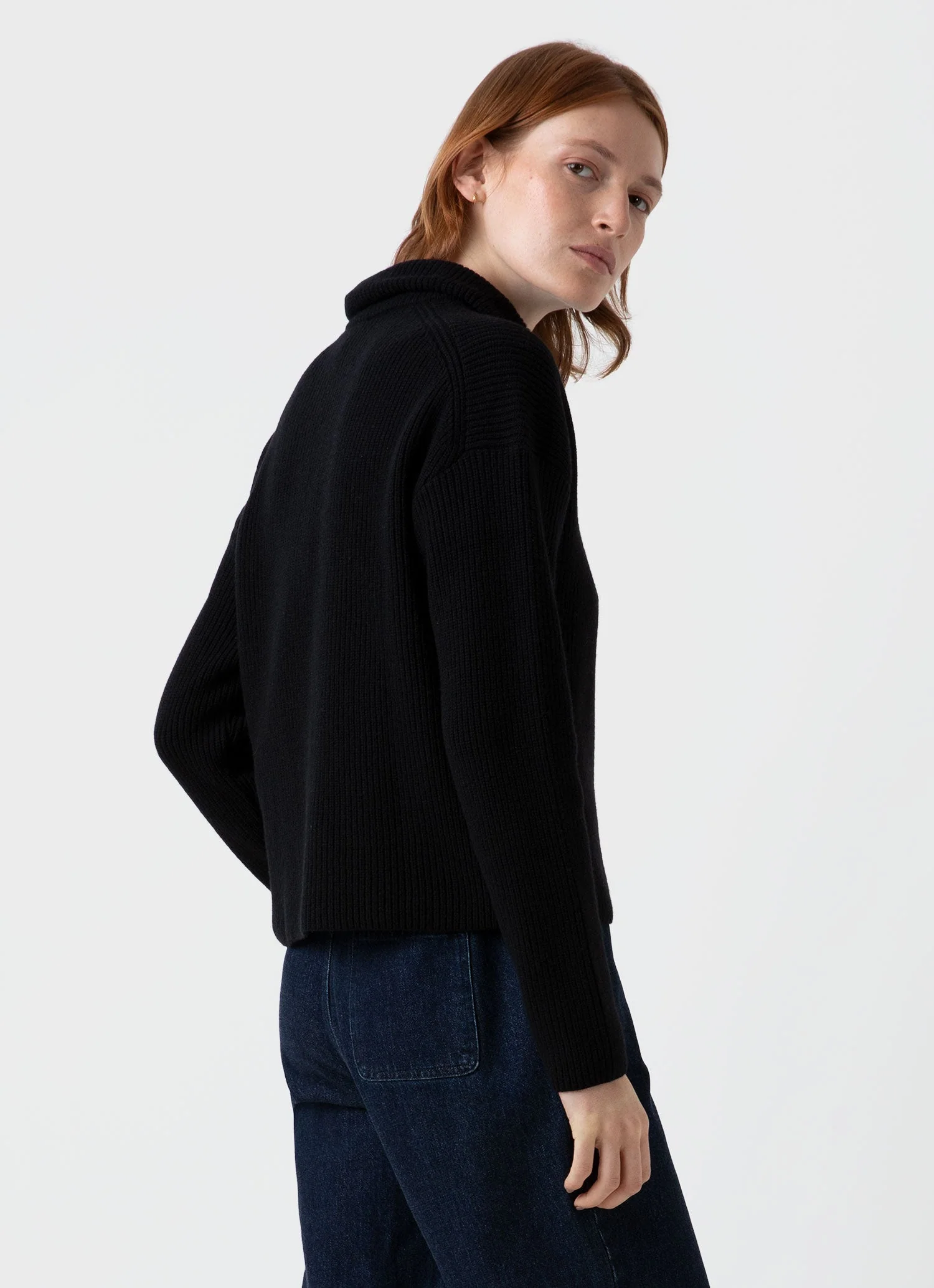 Women's Wool Cashmere Rib Zip Neck in Black - Image 4