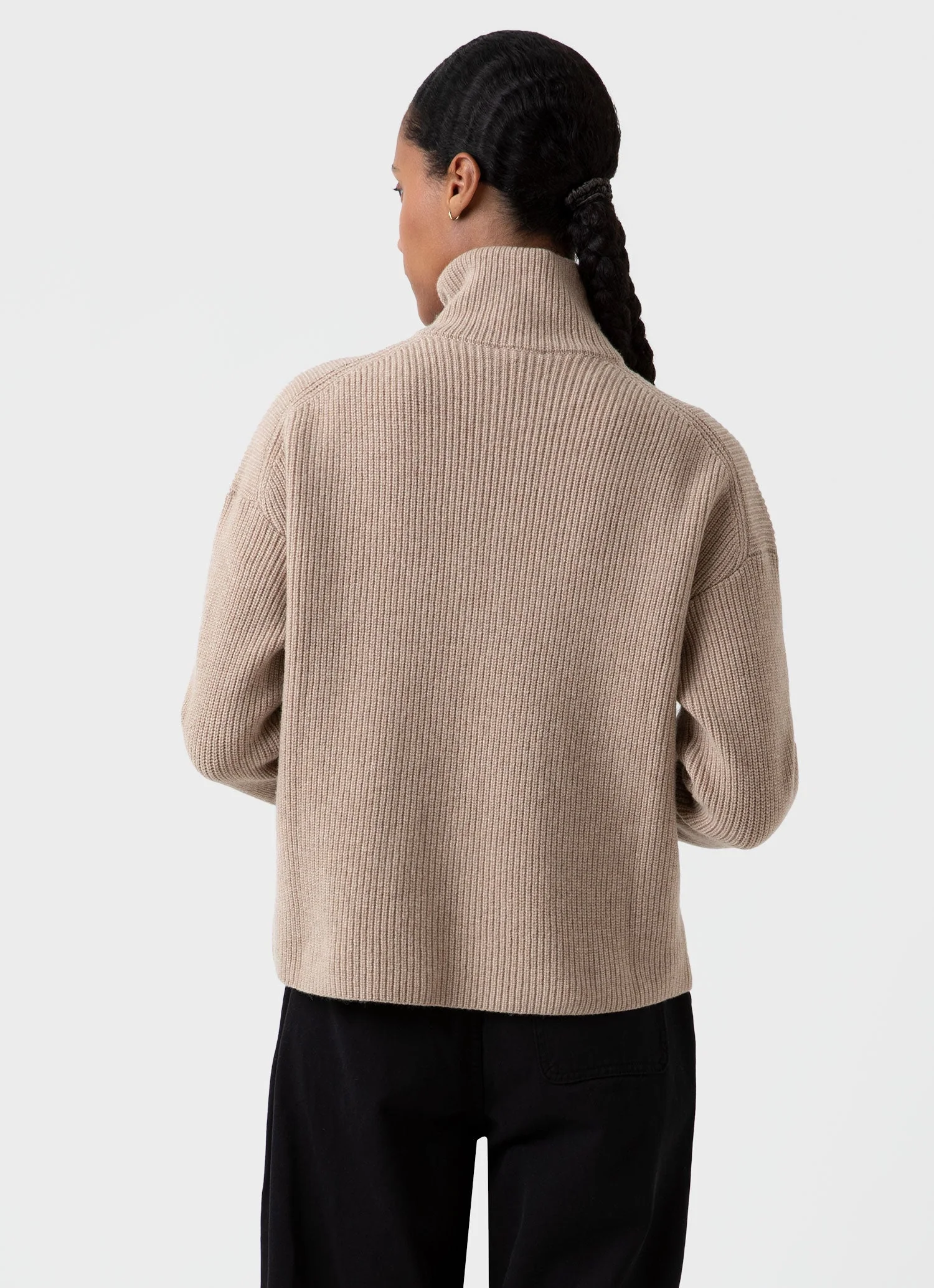 Women's Wool Cashmere Rib Zip Neck in Oatmeal Melange - Image 4